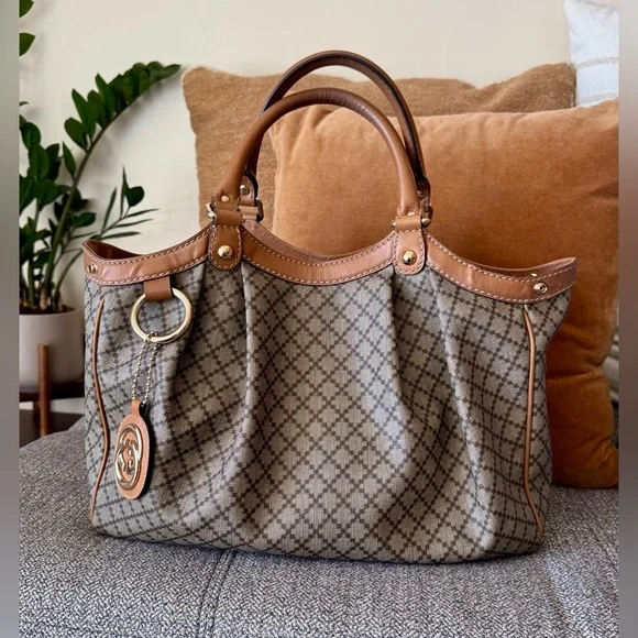 Designer-Style Brown Patterned Tote Bag with Tan Leather Trim - Picture 10 of 16